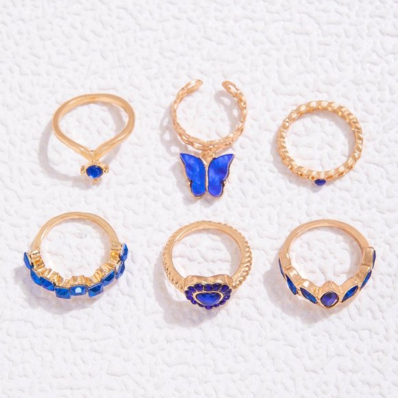 3/$35 6 Piece Joint Knuckle Rings Set Stackable Gold Blue Heart Charm Crystal - Picture 8 of 9
